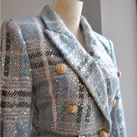 Baby Blue Tweed Sequin Blazer Balmain Blazer Inspired - Picture 3 of 4